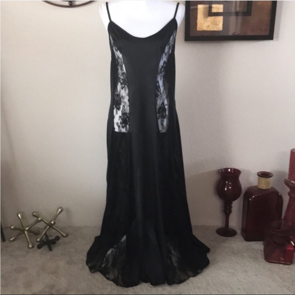Black Lace Full Sweep Long Maxi Nightgown Slip Dress Chemise Lingerie Plus